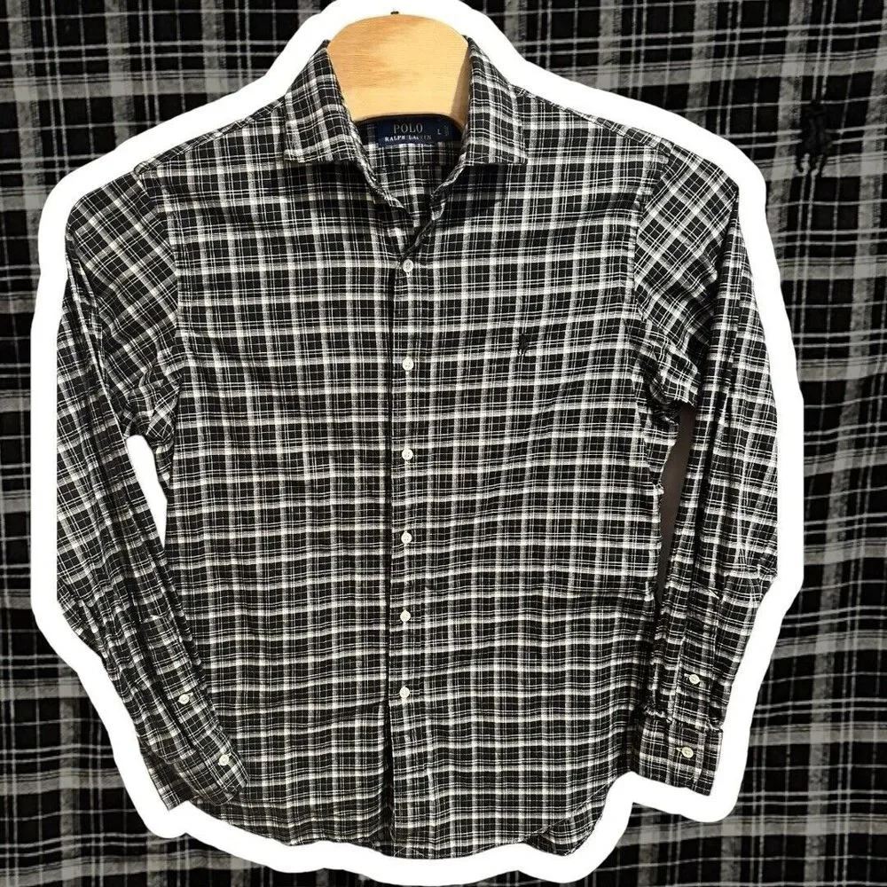 Mens Polo Ralph Lauren Long Sleeve Black/White Plaid‎ Button Up Shirt Large